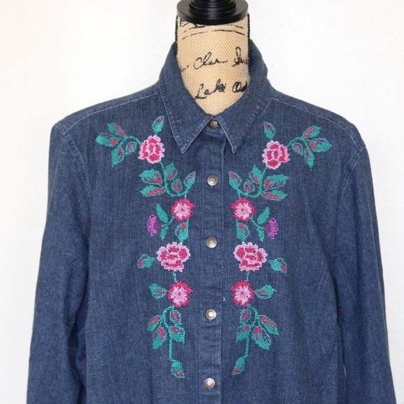Liz & Me Blue Denim Button Up Long Sleeve Shirt Embroidered Flowers Womens XL/1X - Picture 5 of 9